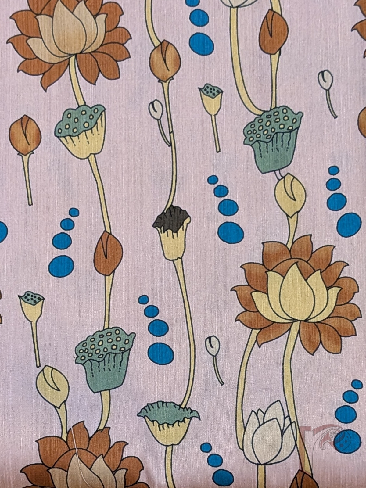 Baby Pink Raw Silk Kalamkari Blouse with Lotus, Bud and Water Droplet Motifs in Brown, Yellow, Sage Green and Blue - Image 4