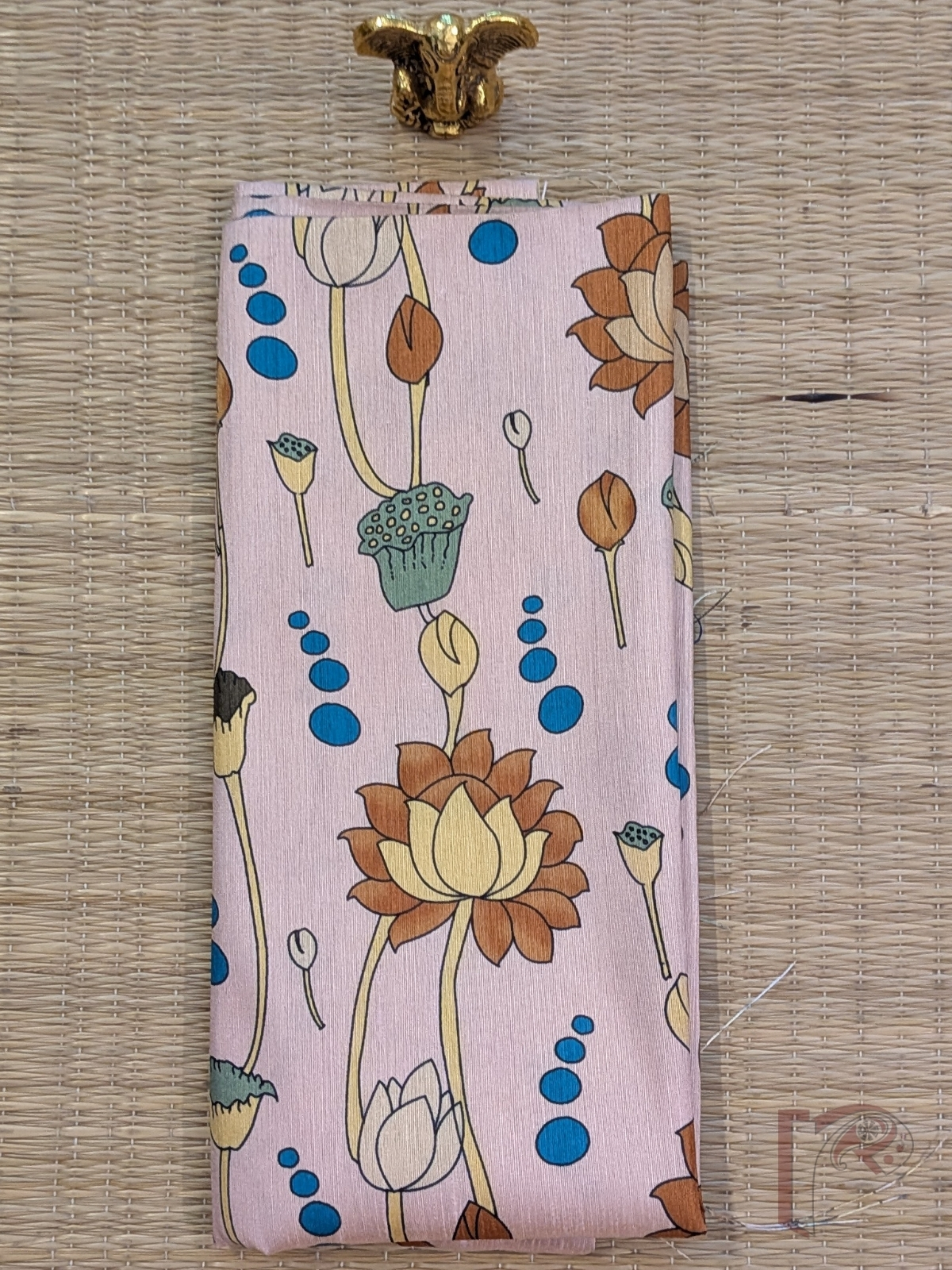 Baby Pink Raw Silk Kalamkari Blouse with Lotus, Bud and Water Droplet Motifs in Brown, Yellow, Sage Green and Blue
