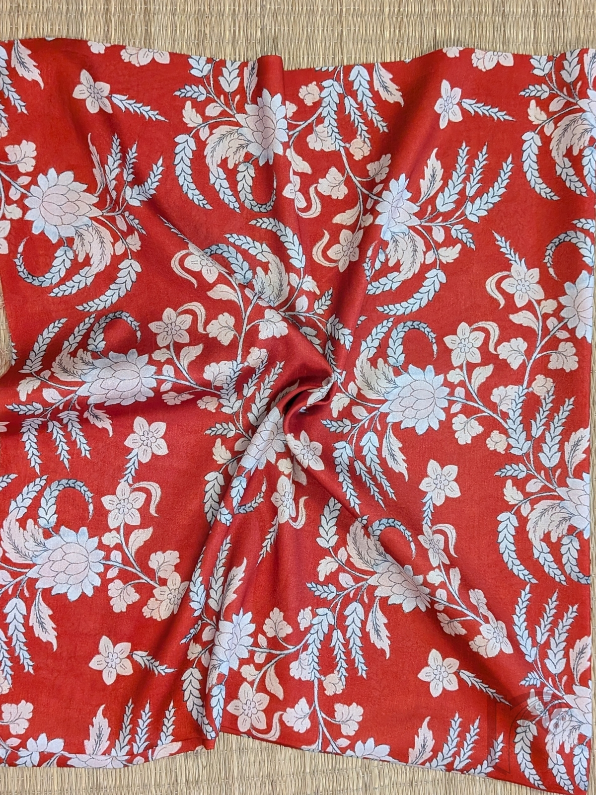 Red Dupion Silk Kalamkari Blouse with White Flowers, Black Outlines and Long Leaf Stalk Motifs - Image 2