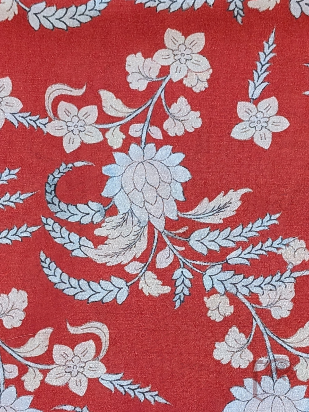 Red Dupion Silk Kalamkari Blouse with White Flowers, Black Outlines and Long Leaf Stalk Motifs - Image 4