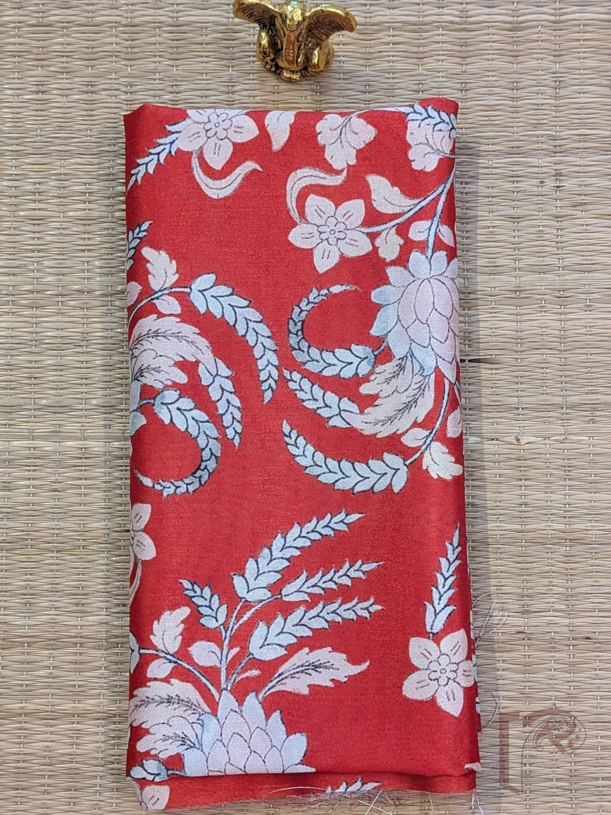 Red Dupion Silk Kalamkari Blouse with White Flowers, Black Outlines and Long Leaf Stalk Motifs