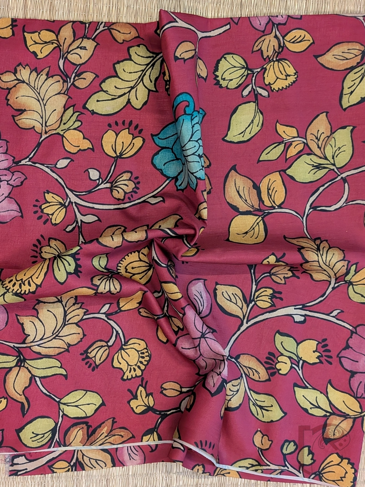 Hot Pink Dupion Silk Kalamkari Blouse with Large Floral Branches and Shaded Pink, Yellow and Dull Green Leaf Motifs - Image 2