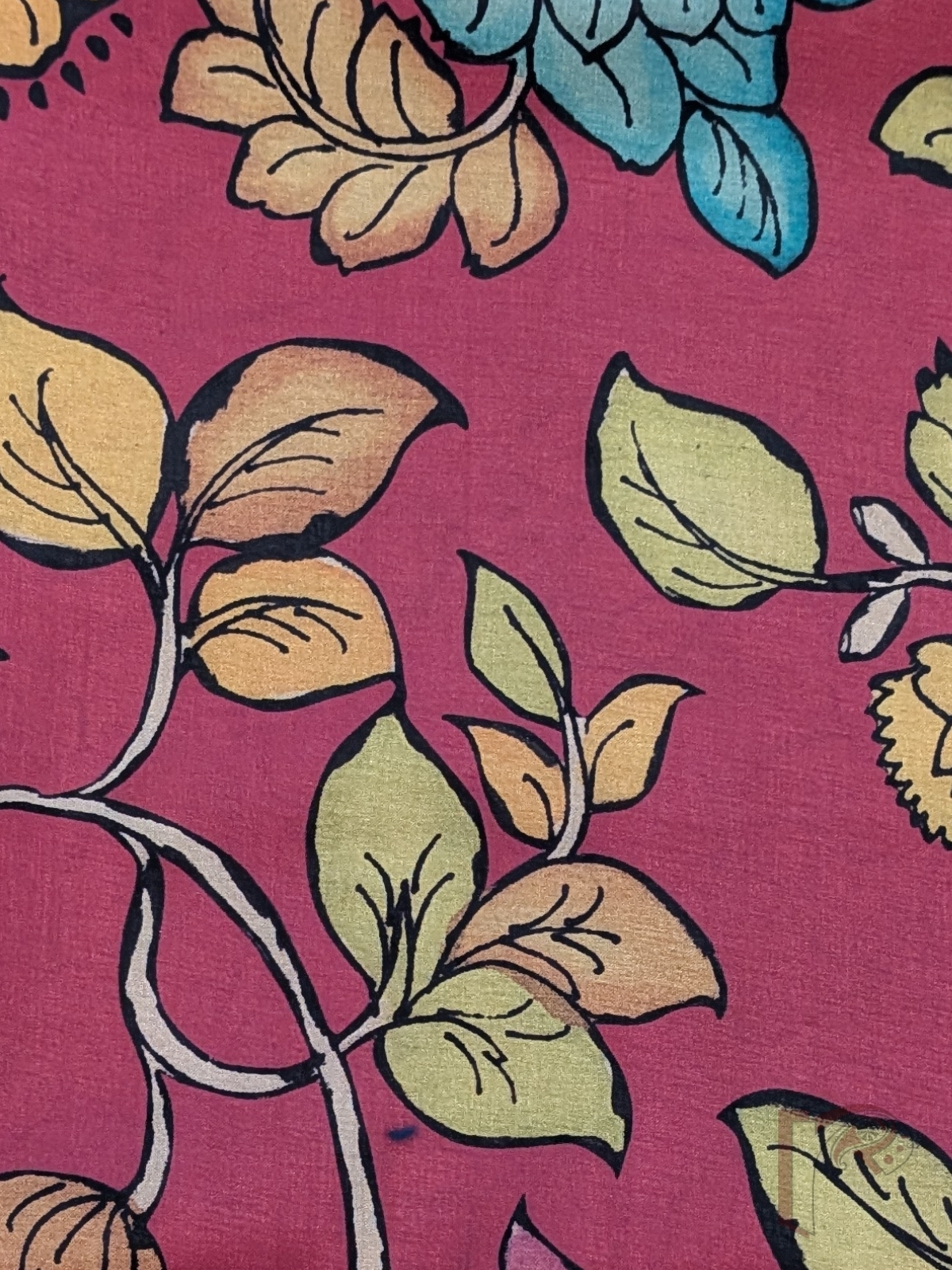 Hot Pink Dupion Silk Kalamkari Blouse with Large Floral Branches and Shaded Pink, Yellow and Dull Green Leaf Motifs - Image 4