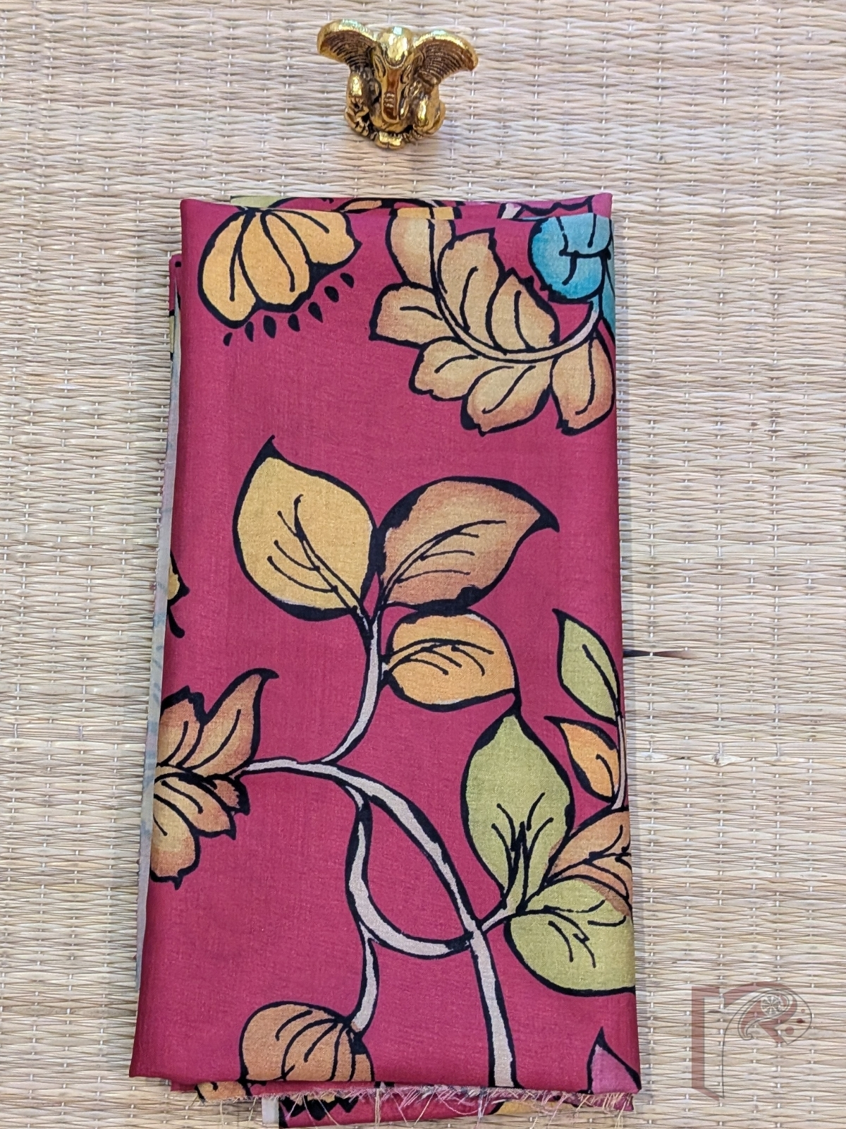 Hot Pink Dupion Silk Kalamkari Blouse with Large Floral Branches and Shaded Pink, Yellow and Dull Green Leaf Motifs