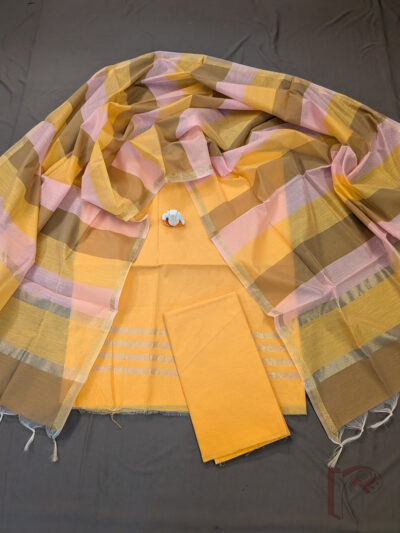 Suit Stories – Orange Suit Material with Parallel Gold Zari Border
