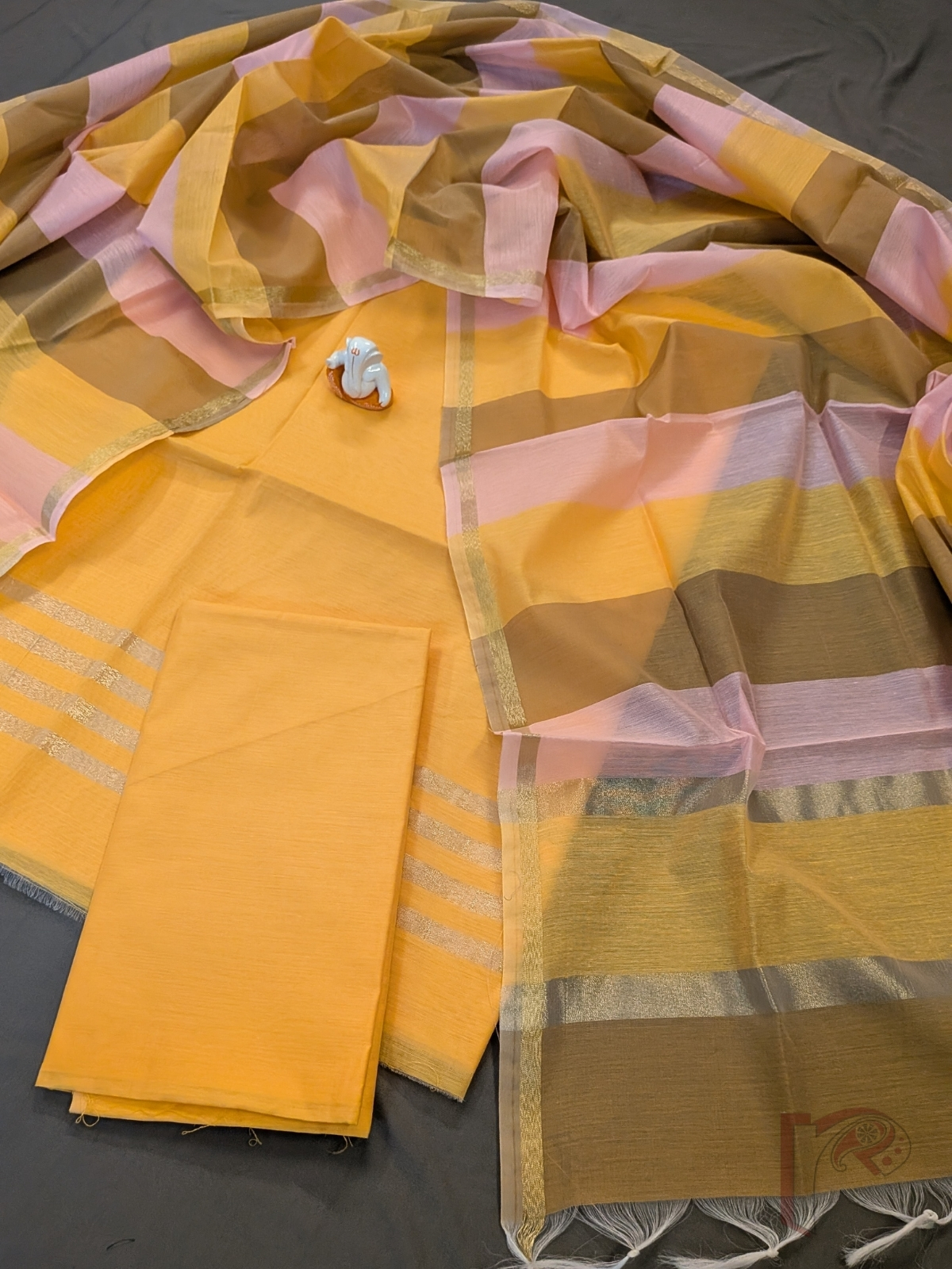 Suit Stories – Orange Suit Material with Parallel Gold Zari Border - Image 5