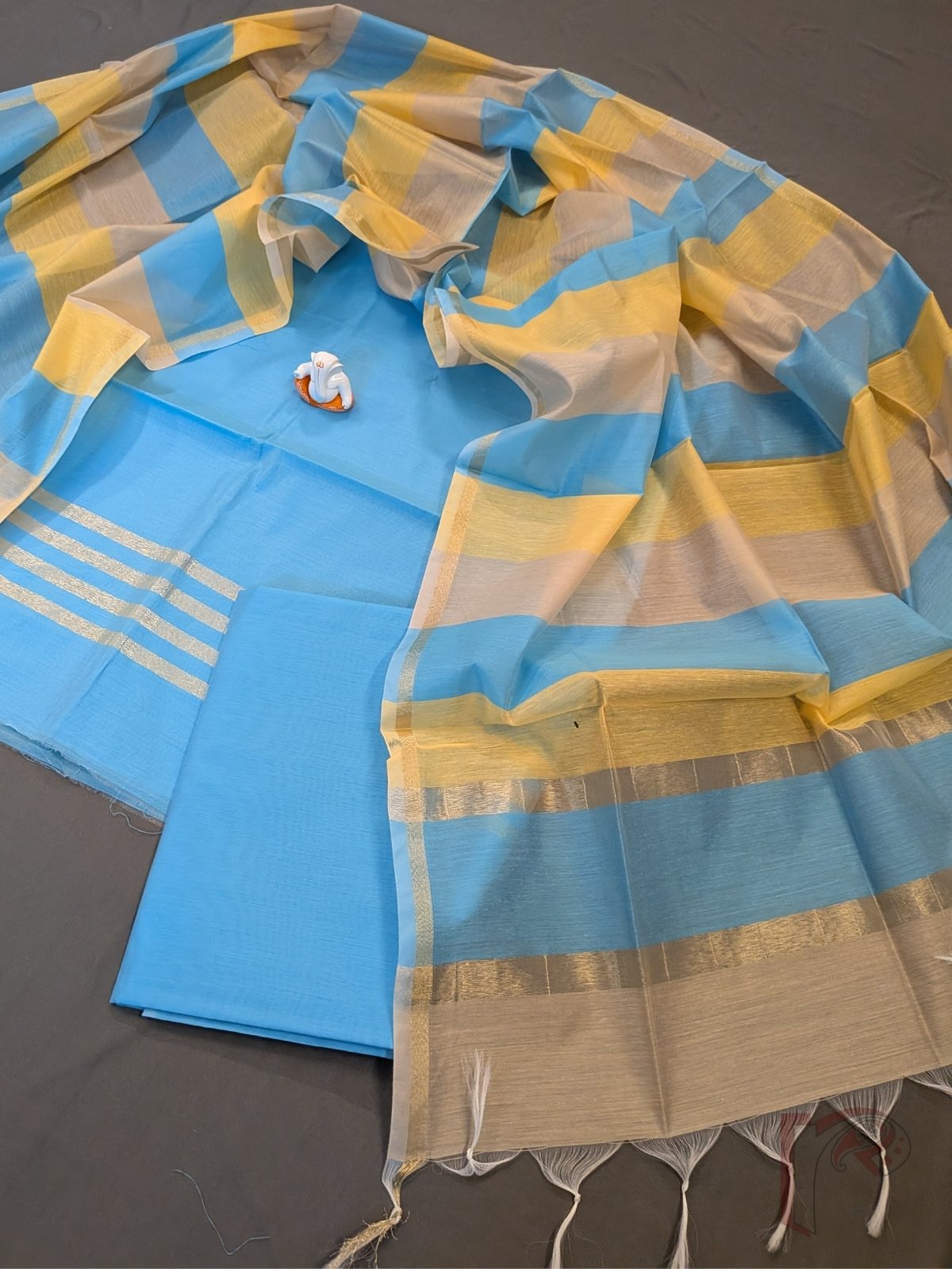 Suit Stories – Sky Blue Suit Material with Gold Zari Border - Image 5