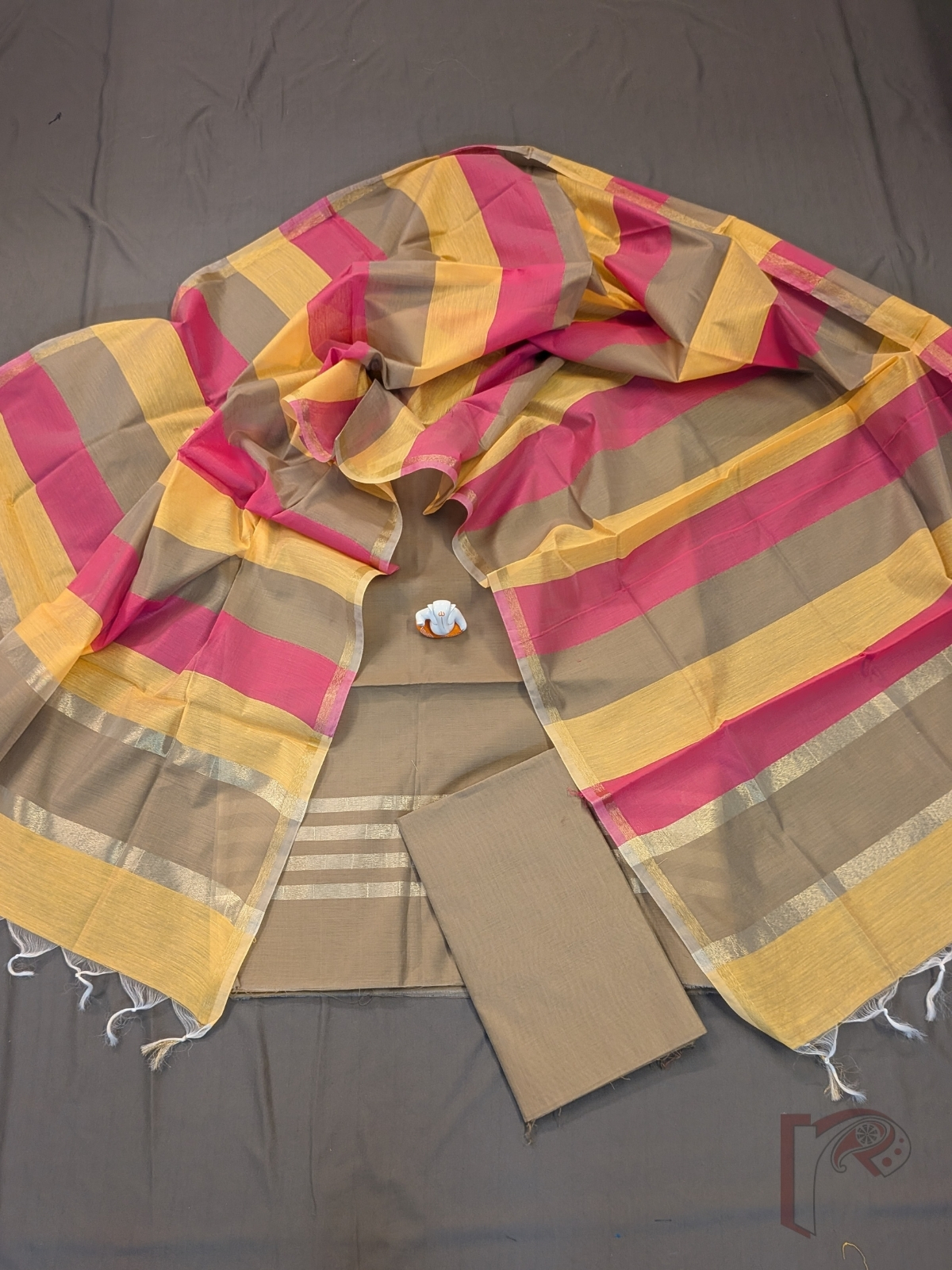 Suit Stories – Light Brown Suit Material with Gold Zari Border