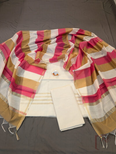Suit Stories – White Suit Material with Mustard & Pink Panelled Dupatta