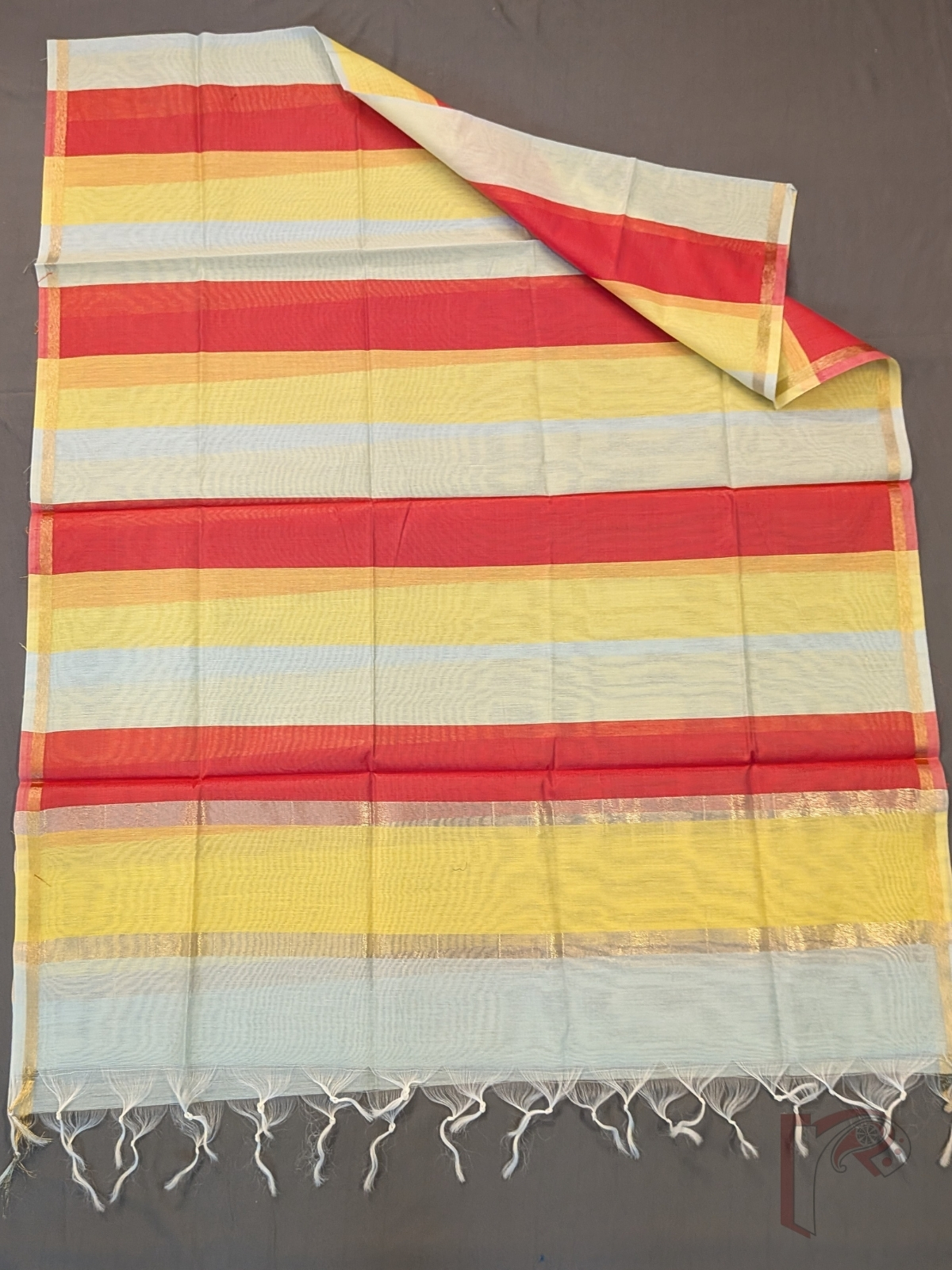 Suit Stories – Lemon Yellow Suit Material with Ocean Blue & Red Panelled Dupatta - Image 4