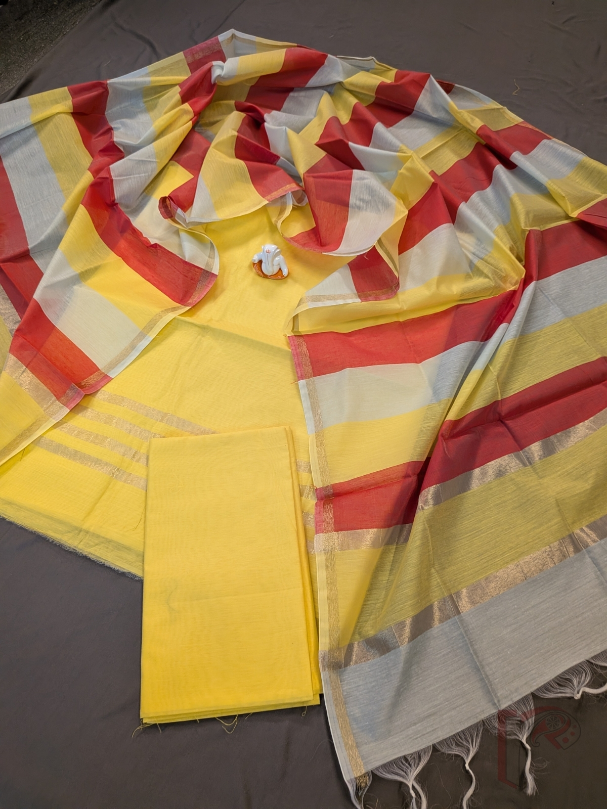 Suit Stories – Lemon Yellow Suit Material with Ocean Blue & Red Panelled Dupatta - Image 5
