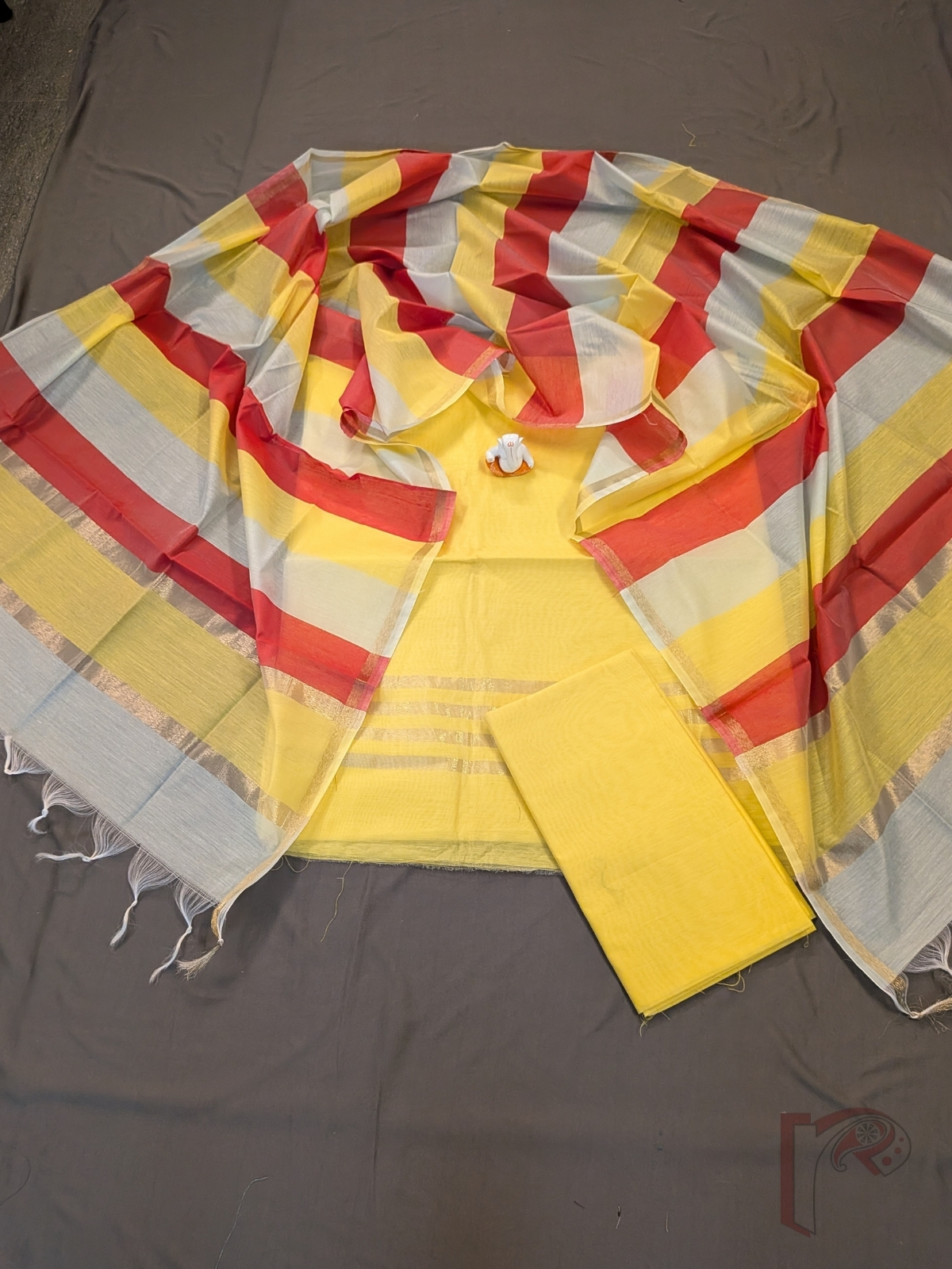 Suit Stories – Lemon Yellow Suit Material with Ocean Blue & Red Panelled Dupatta
