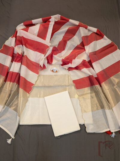 Suit Stories – White Suit Material with Red Panelled Dupatta, Gold Borders & Tassels