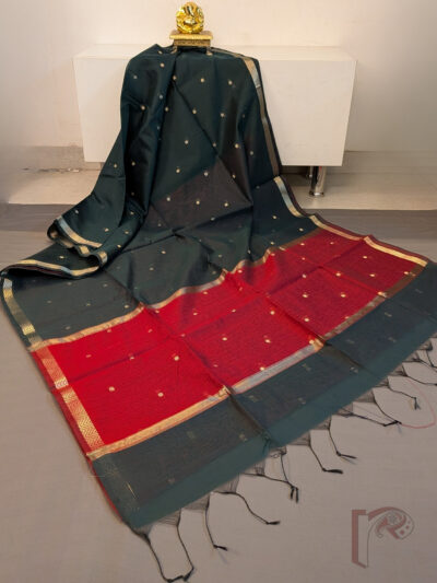 Woven Whispers – Bottle Green and Brick Red Dual Tone Cotton Silk Saree with Zari Buttis and Contrast Pallu