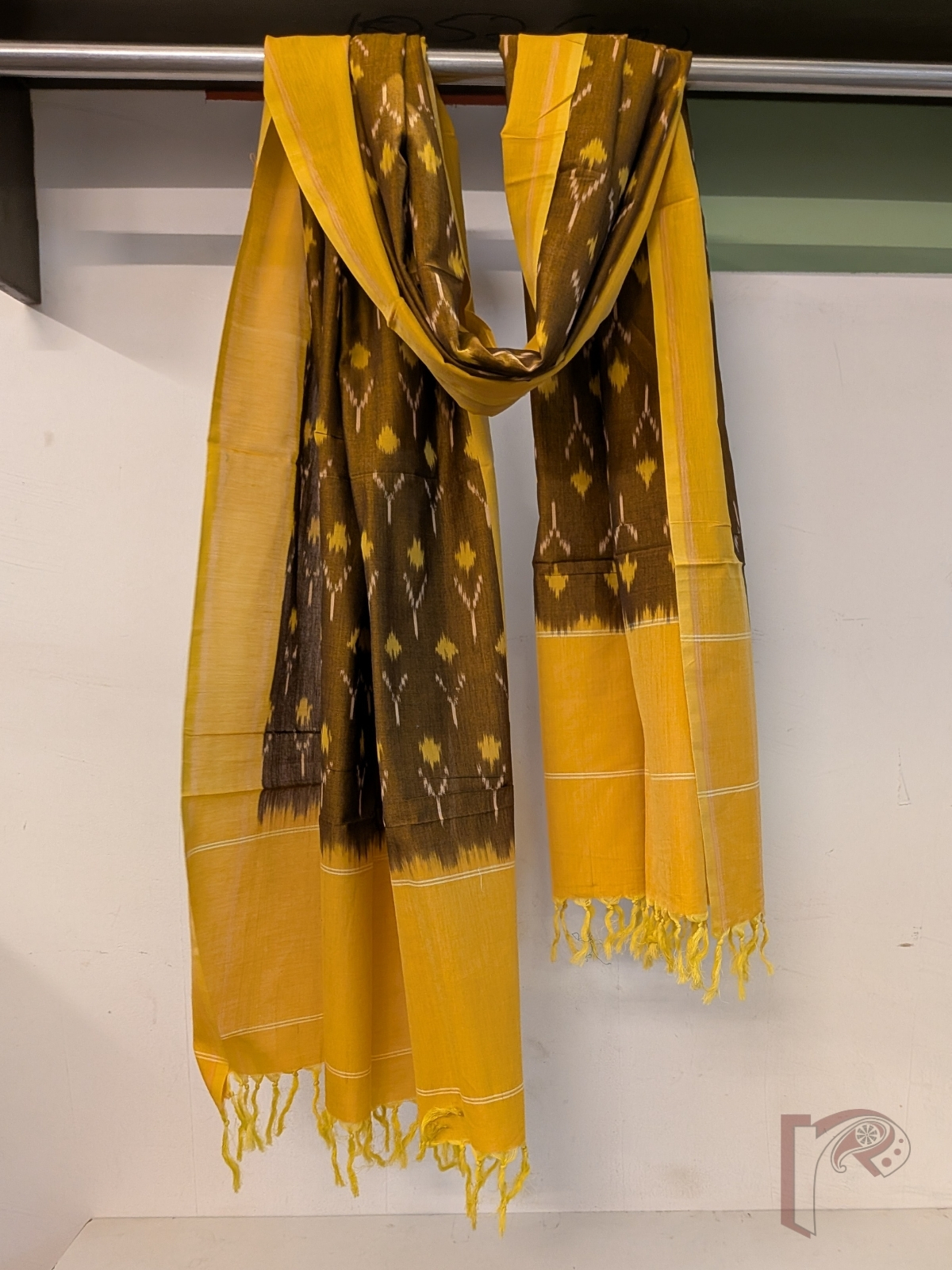 Dreamy Drapes - Brown Mercerized Cotton Ikkat Handloom Dupatta with Yellow Border, Ikkat Motifs & Yellow Tassels - Image 2