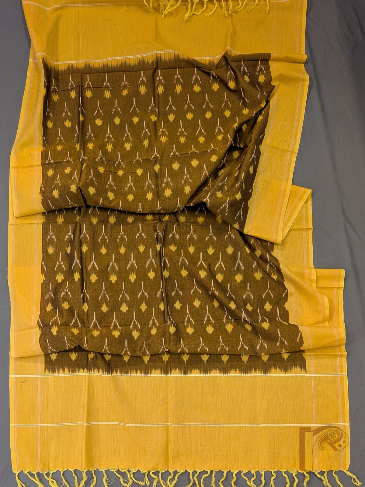 Dreamy Drapes - Brown Mercerized Cotton Ikkat Handloom Dupatta with Yellow Border, Ikkat Motifs & Yellow Tassels - Image 3