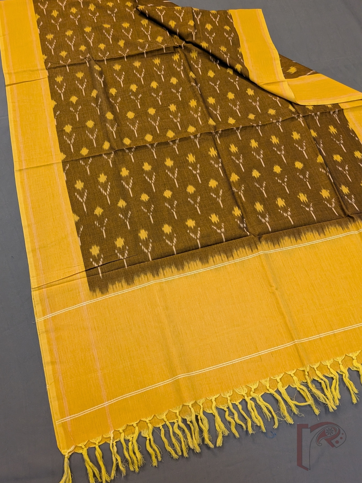 Dreamy Drapes - Brown Mercerized Cotton Ikkat Handloom Dupatta with Yellow Border, Ikkat Motifs & Yellow Tassels - Image 4