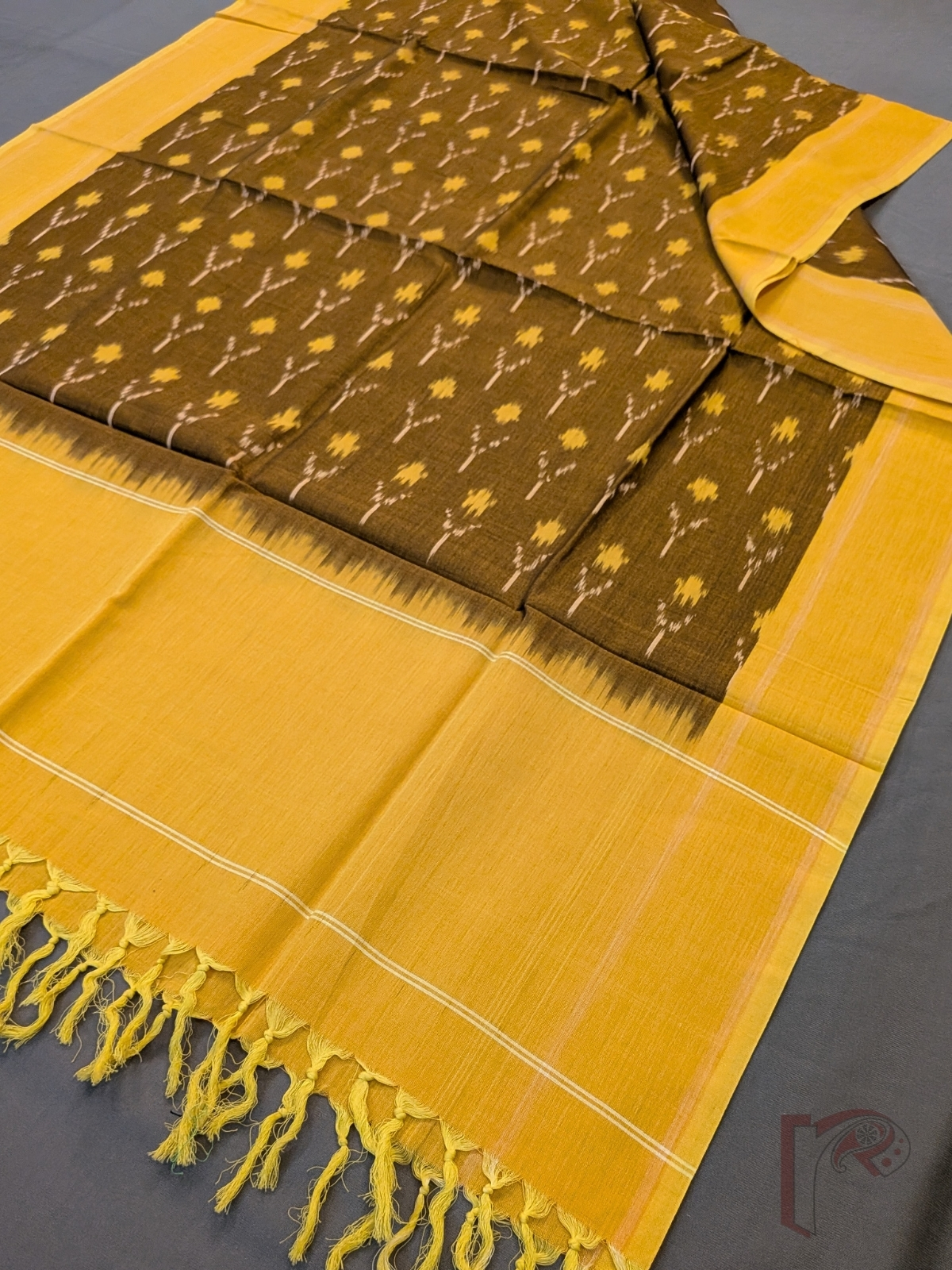 Dreamy Drapes - Brown Mercerized Cotton Ikkat Handloom Dupatta with Yellow Border, Ikkat Motifs & Yellow Tassels - Image 6