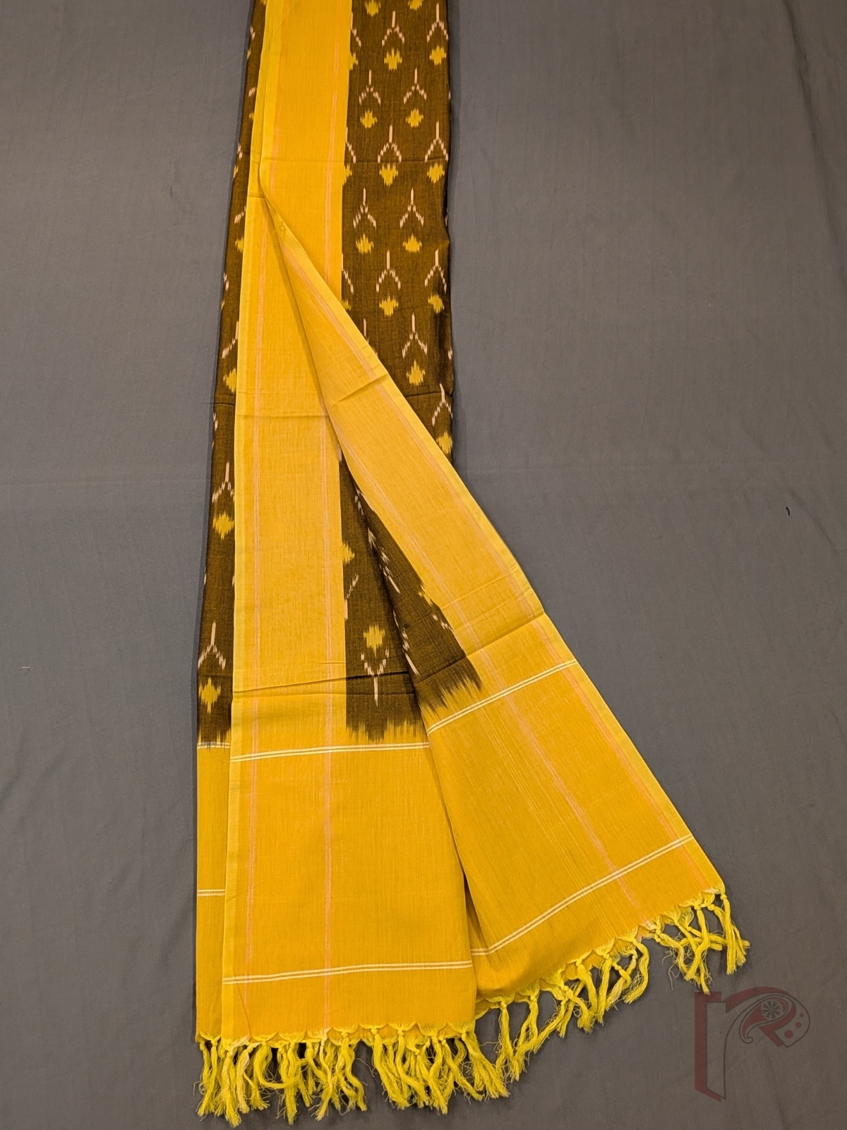Dreamy Drapes - Brown Mercerized Cotton Ikkat Handloom Dupatta with Yellow Border, Ikkat Motifs & Yellow Tassels - Image 7