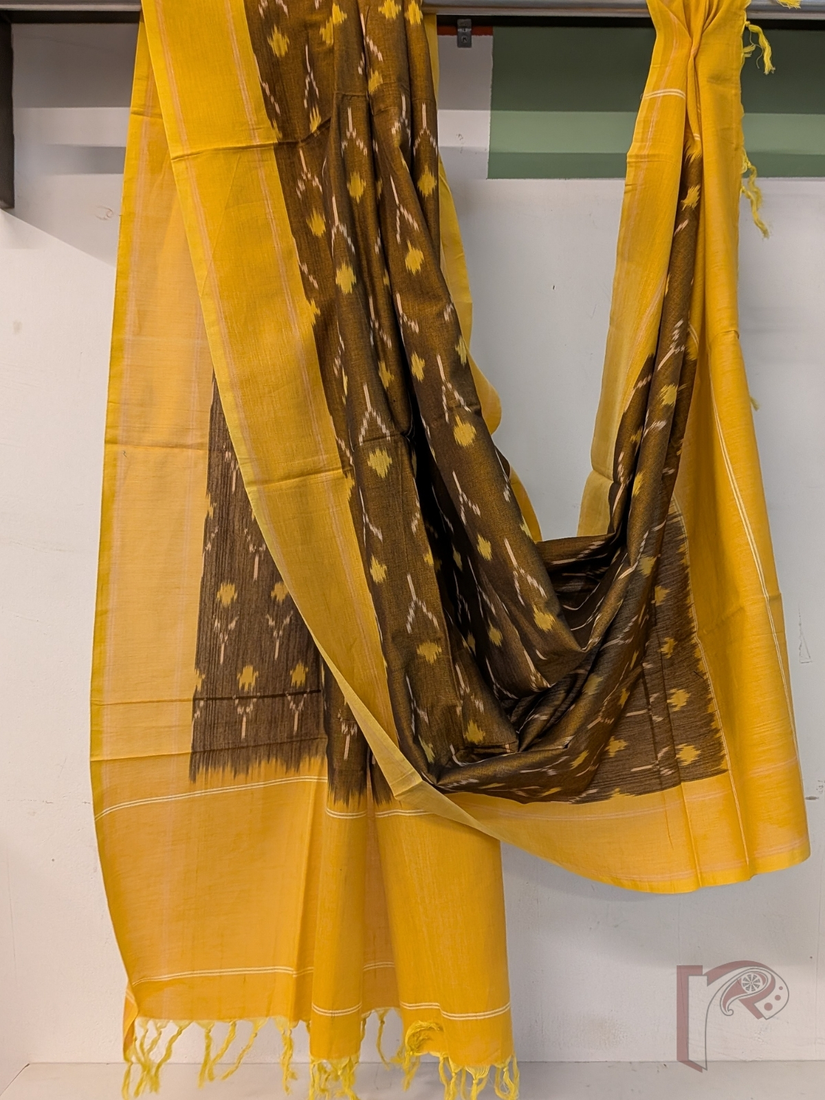 Dreamy Drapes - Brown Mercerized Cotton Ikkat Handloom Dupatta with Yellow Border, Ikkat Motifs & Yellow Tassels