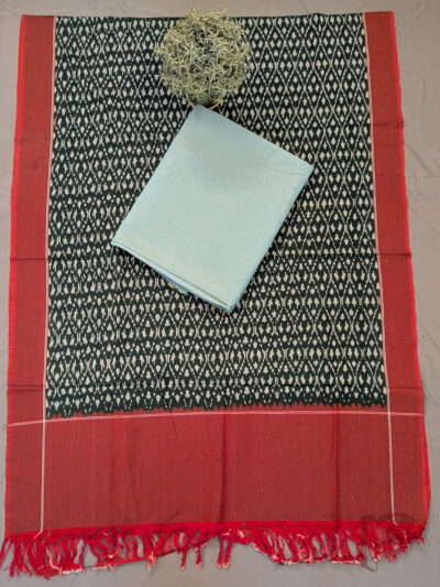 Suit Stories – Light Green Handloom Cotton Top with Dark Bottle Green Mercerized Ikat Dupatta