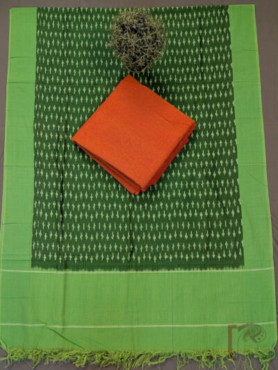 Suit Stories – Bright Orange Mercerized Cotton Suit Set with Bottle Green Ikat Dupatta