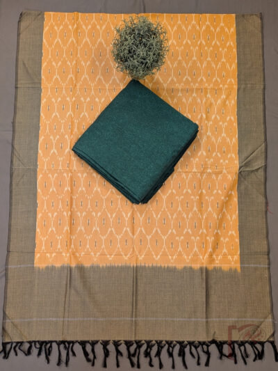 Suit Stories – Green Mercerized Cotton Suit Set with Dull Orange Ikat Dupatta