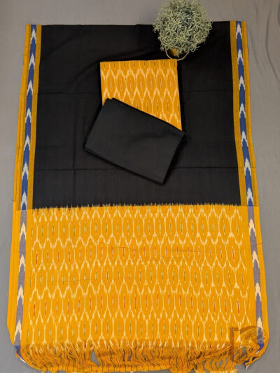 Suit Stories – Orange Pure Cotton Ikat Suit Set with Red, Half White and Blue Pattern, Black Bottom and Black Ikat Dupatta