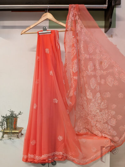 Lucknowi Leher: Peach Orange Lucknowi Chiffon Saree with White Chikankari Shadow Embroidery Floral Leaf and Kairi Jal Pallu