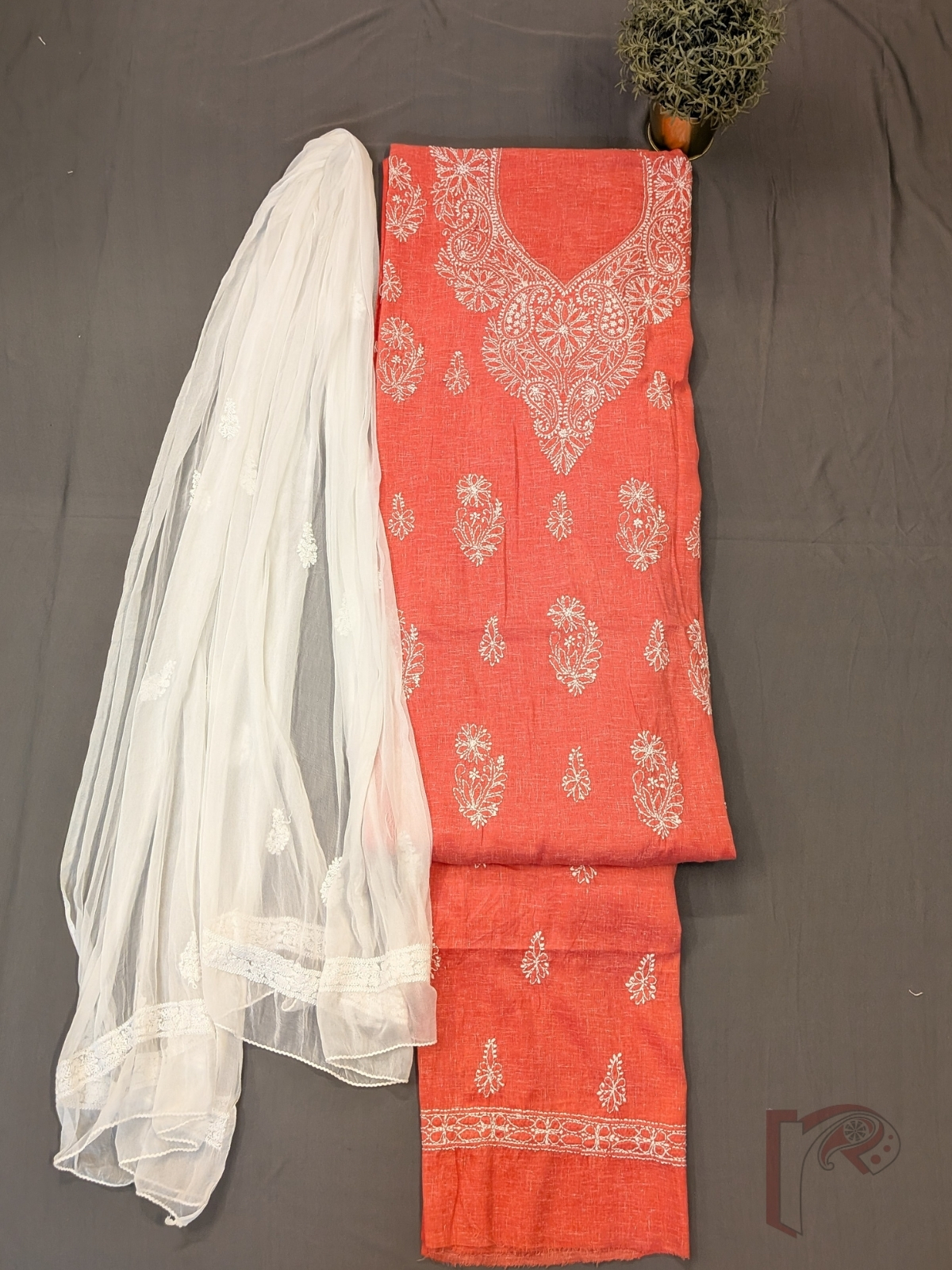 Suit Stories – Orange Peach Khadi Cotton Lucknowi Chikankari Unstitched Suit with White Floral Embroidery and Matching Chiffon Dupatta - Image 2