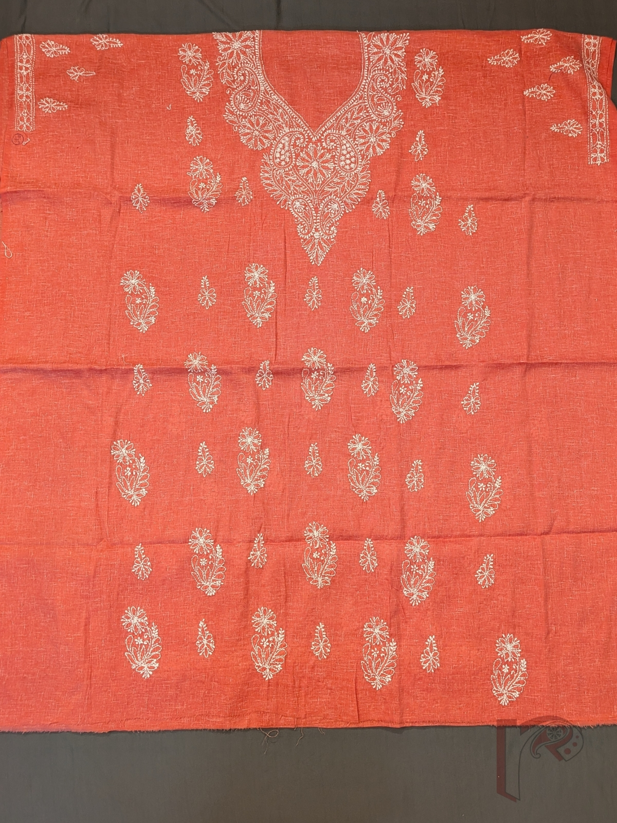 Suit Stories – Orange Peach Khadi Cotton Lucknowi Chikankari Unstitched Suit with White Floral Embroidery and Matching Chiffon Dupatta - Image 3