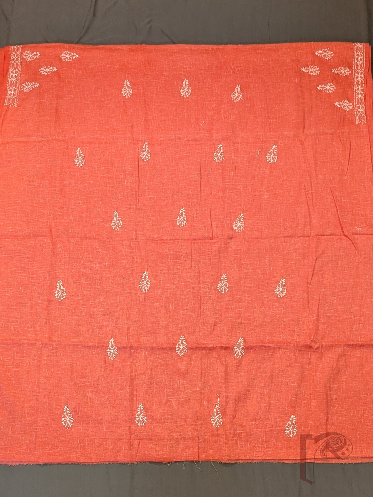 Suit Stories – Orange Peach Khadi Cotton Lucknowi Chikankari Unstitched Suit with White Floral Embroidery and Matching Chiffon Dupatta - Image 4