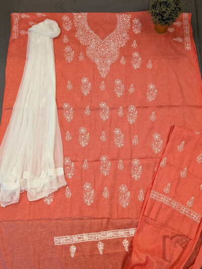 Suit Stories – Orange Peach Khadi Cotton Lucknowi Chikankari Unstitched Suit with White Floral Embroidery and Matching Chiffon Dupatta