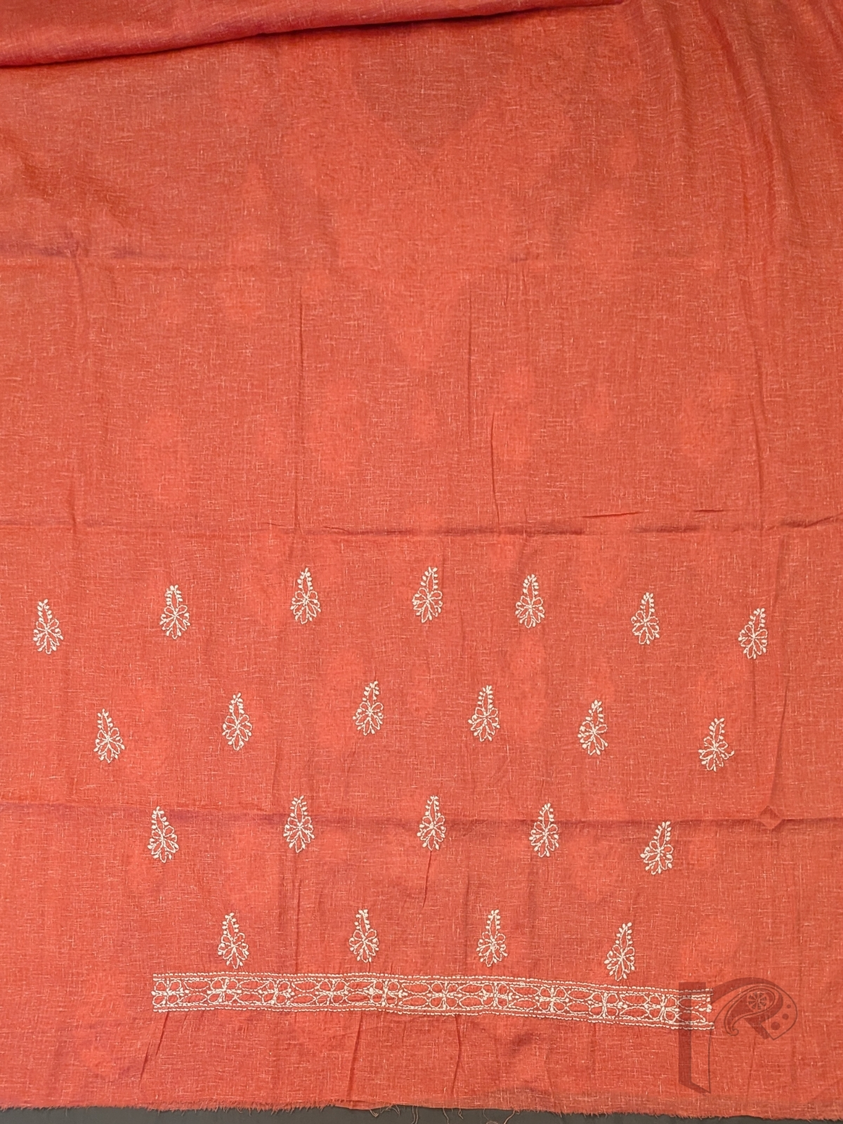 Suit Stories – Orange Peach Khadi Cotton Lucknowi Chikankari Unstitched Suit with White Floral Embroidery and Matching Chiffon Dupatta - Image 5