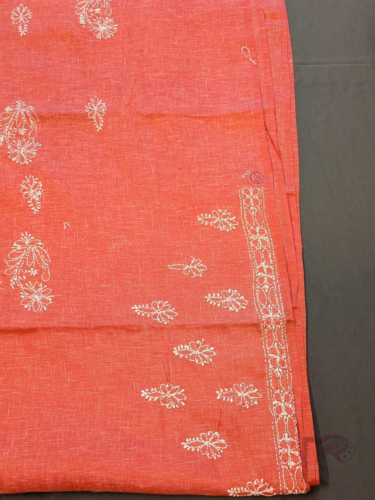 Suit Stories – Orange Peach Khadi Cotton Lucknowi Chikankari Unstitched Suit with White Floral Embroidery and Matching Chiffon Dupatta - Image 7