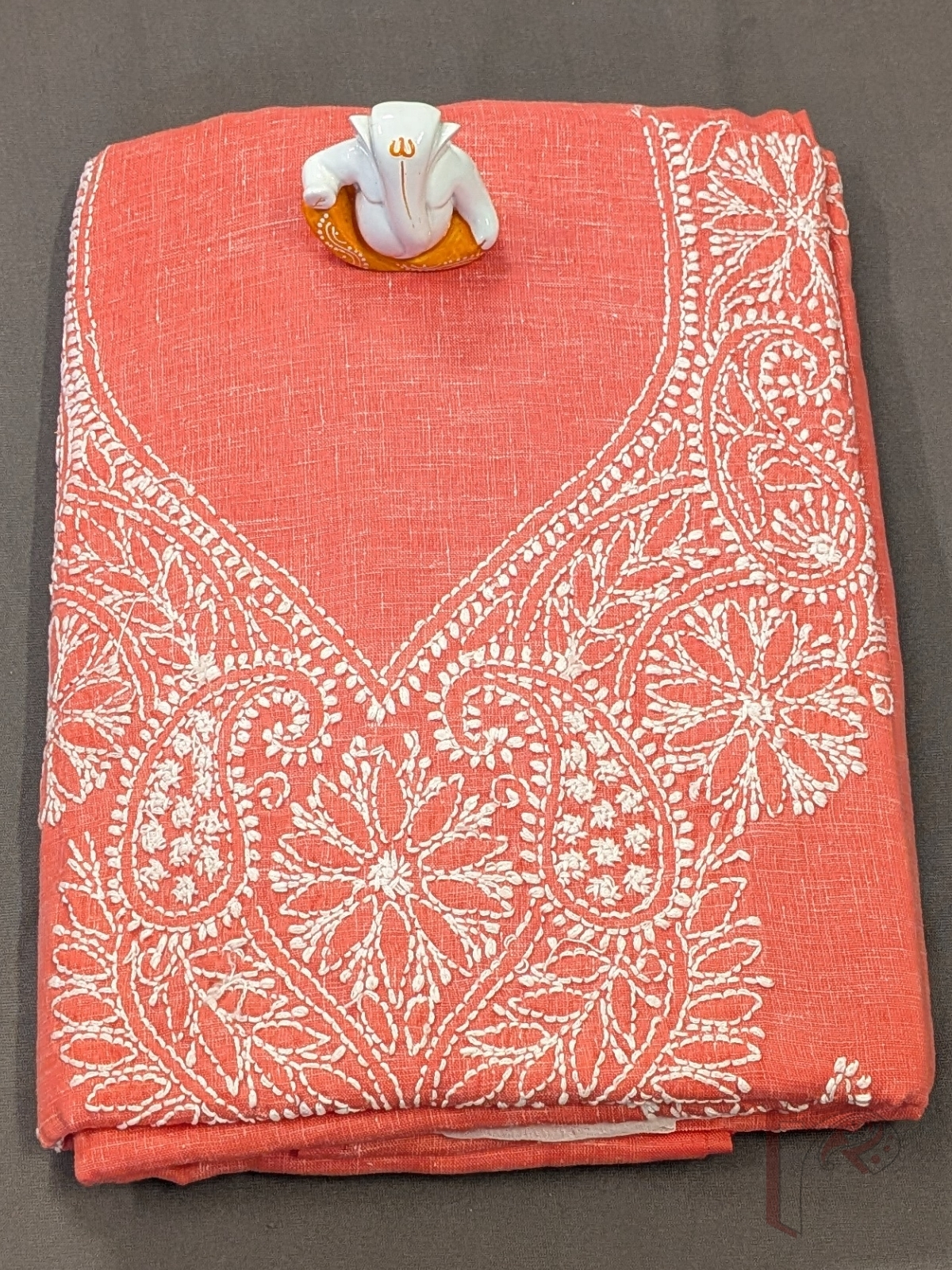 Suit Stories – Orange Peach Khadi Cotton Lucknowi Chikankari Unstitched Suit with White Floral Embroidery and Matching Chiffon Dupatta - Image 8