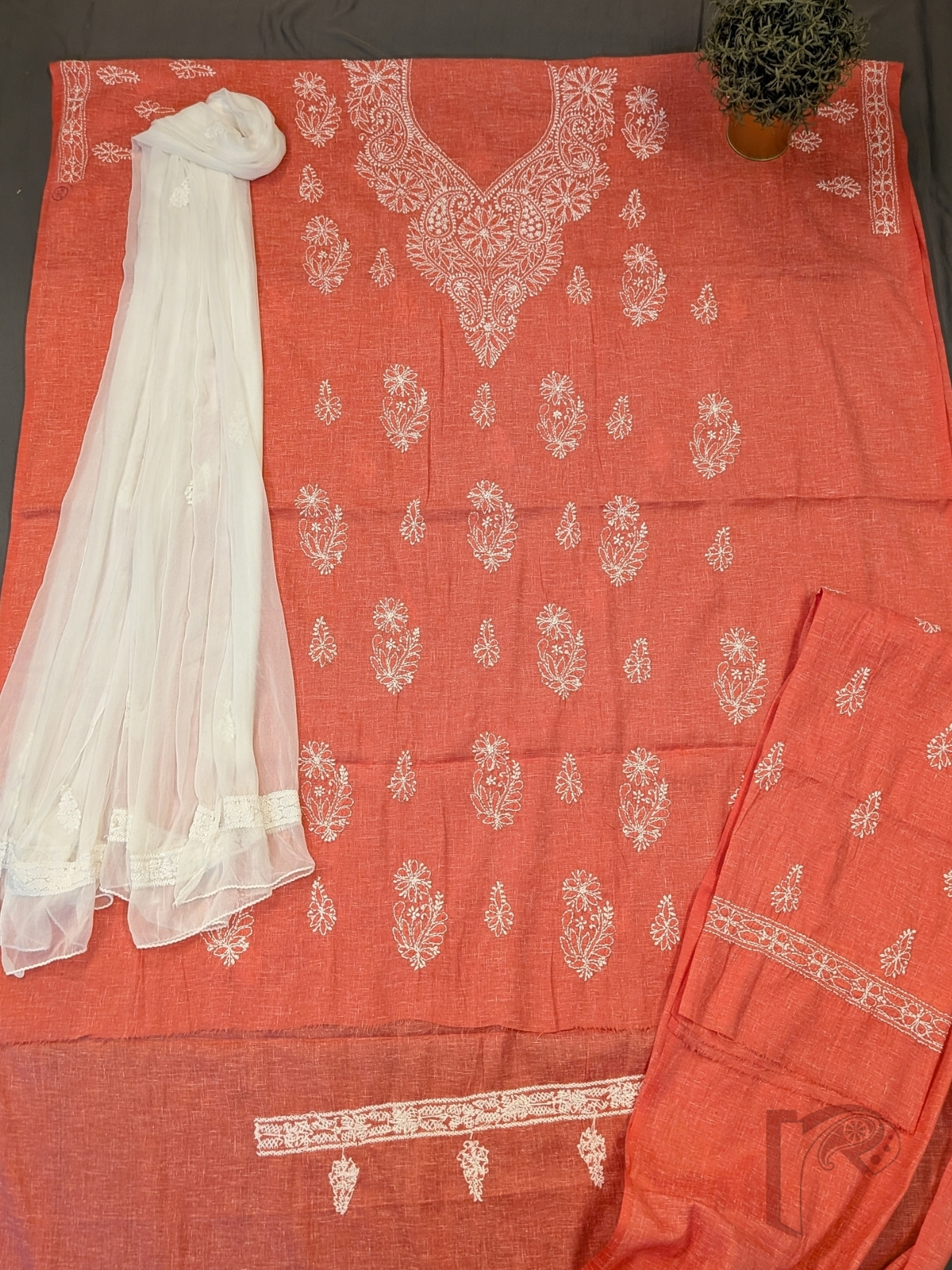 Suit Stories – Orange Peach Khadi Cotton Lucknowi Chikankari Unstitched Suit with White Floral Embroidery and Matching Chiffon Dupatta