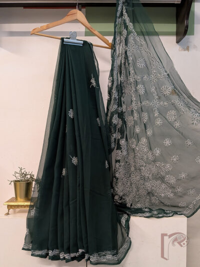 Lucknowi Leher: Bottle Green Lucknowi Chiffon Saree with White Chikankari Shadow Work Floral Leaf Kairi Jal Embroidered Pallu