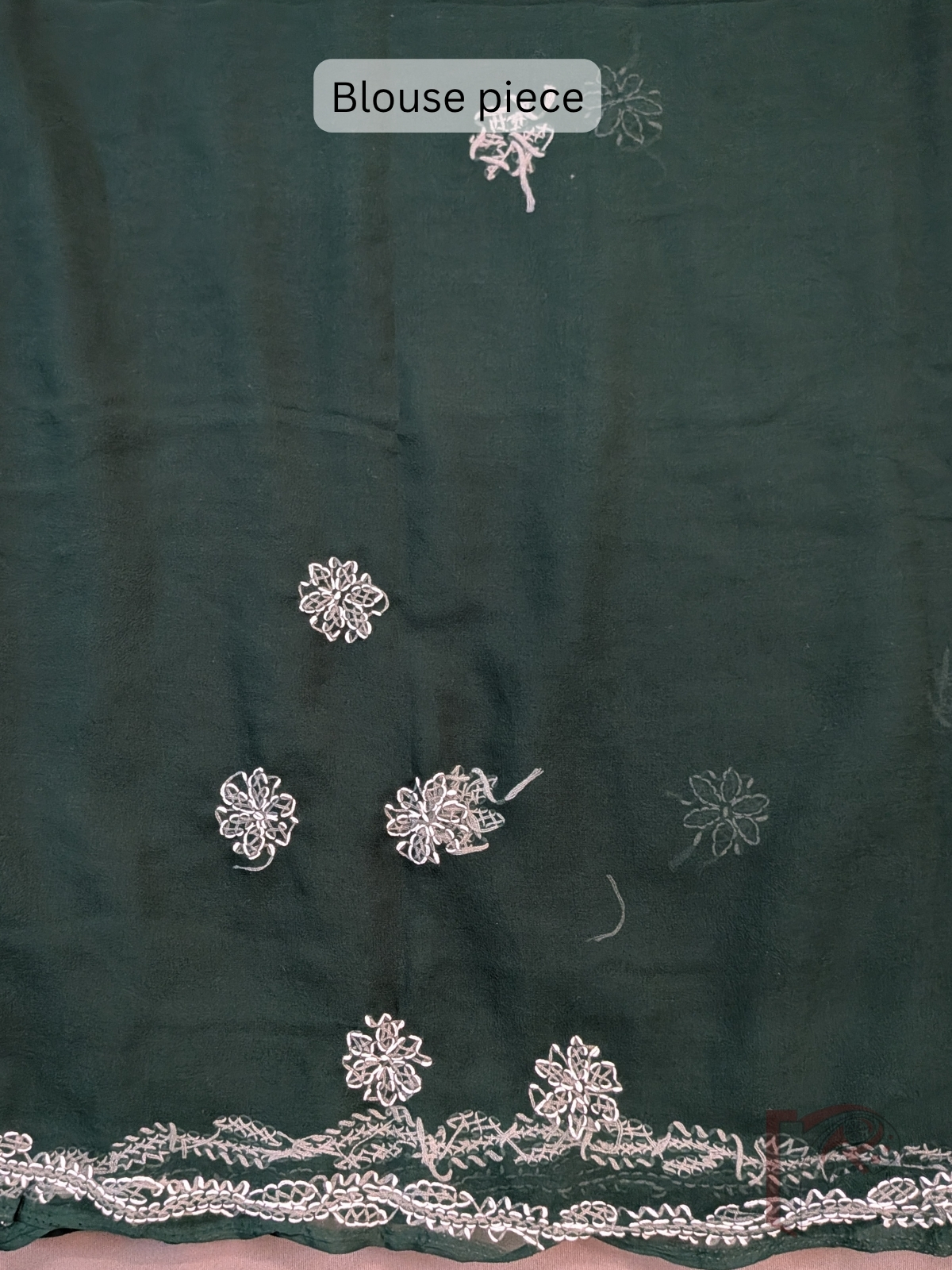 Lucknowi Leher: Bottle Green Lucknowi Chiffon Saree with White Chikankari Shadow Work Floral Leaf Kairi Jal Embroidered Pallu - Image 8