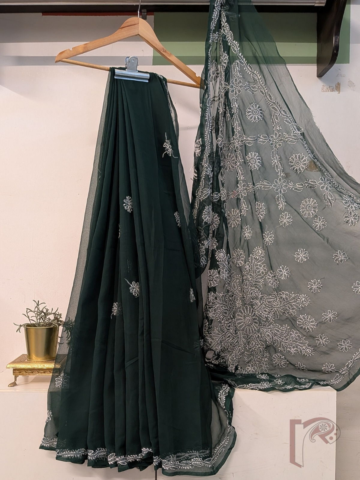 Lucknowi Leher: Bottle Green Lucknowi Chiffon Saree with White Chikankari Shadow Work Floral Leaf Kairi Jal Embroidered Pallu