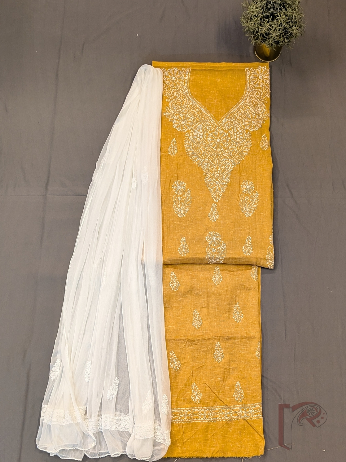 Suit Stories – Mustard Yellow Khadi Cotton Lucknowi Chikankari Unstitched Suit with White Floral and Leaf Embroidery and Chiffon Dupatta - Image 2