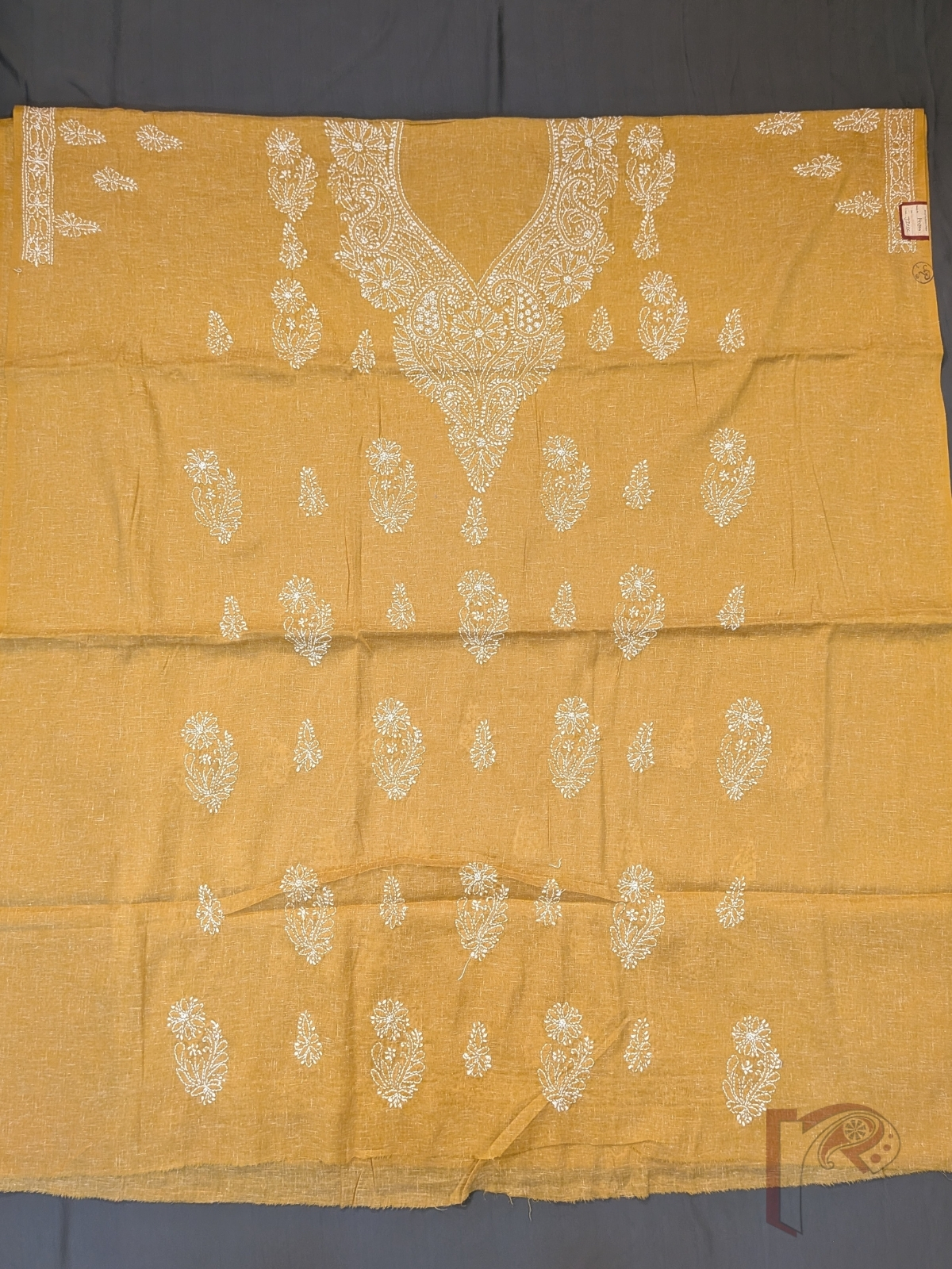 Suit Stories – Mustard Yellow Khadi Cotton Lucknowi Chikankari Unstitched Suit with White Floral and Leaf Embroidery and Chiffon Dupatta - Image 3