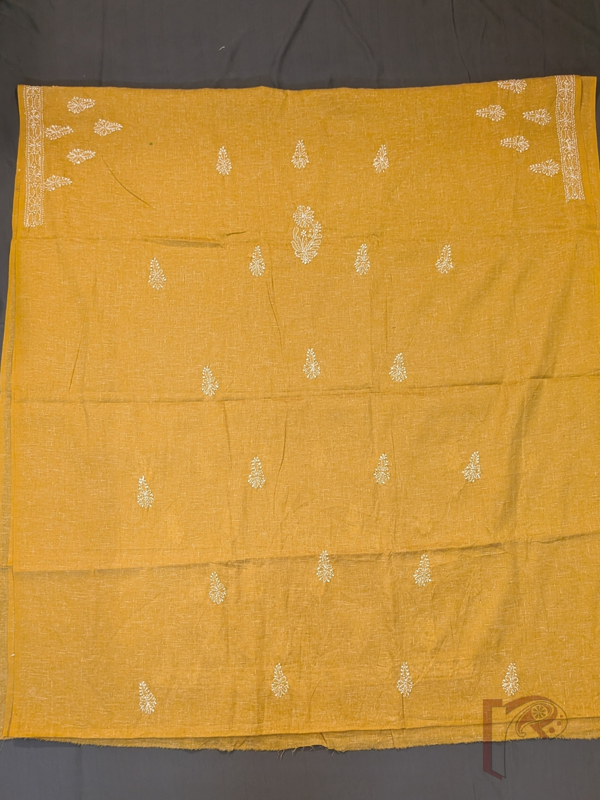 Suit Stories – Mustard Yellow Khadi Cotton Lucknowi Chikankari Unstitched Suit with White Floral and Leaf Embroidery and Chiffon Dupatta - Image 4