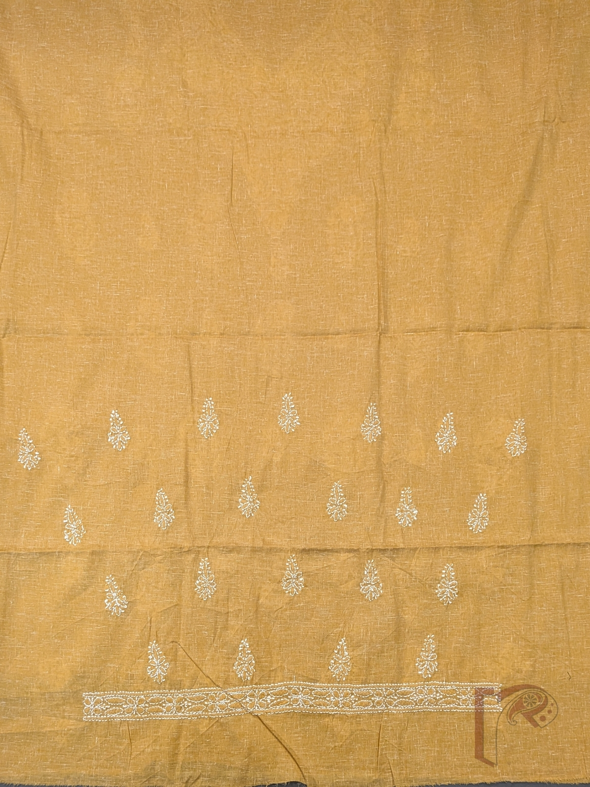 Suit Stories – Mustard Yellow Khadi Cotton Lucknowi Chikankari Unstitched Suit with White Floral and Leaf Embroidery and Chiffon Dupatta - Image 5
