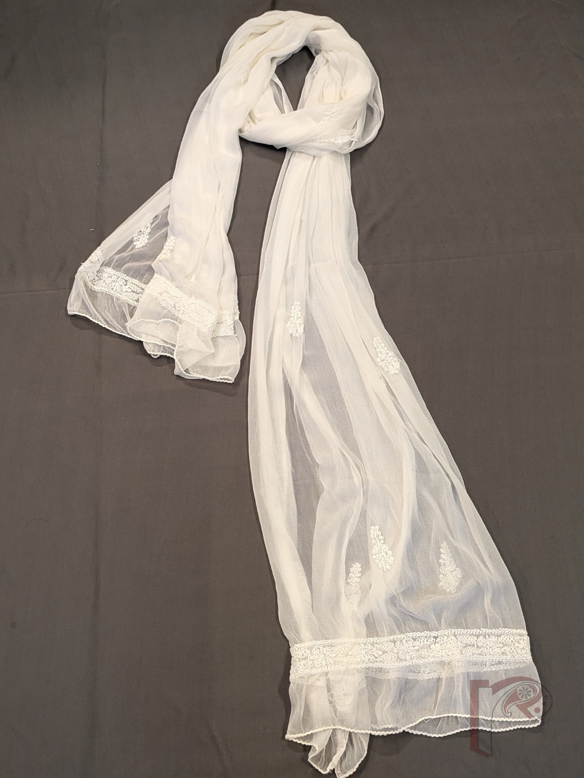 Suit Stories – Mustard Yellow Khadi Cotton Lucknowi Chikankari Unstitched Suit with White Floral and Leaf Embroidery and Chiffon Dupatta - Image 6