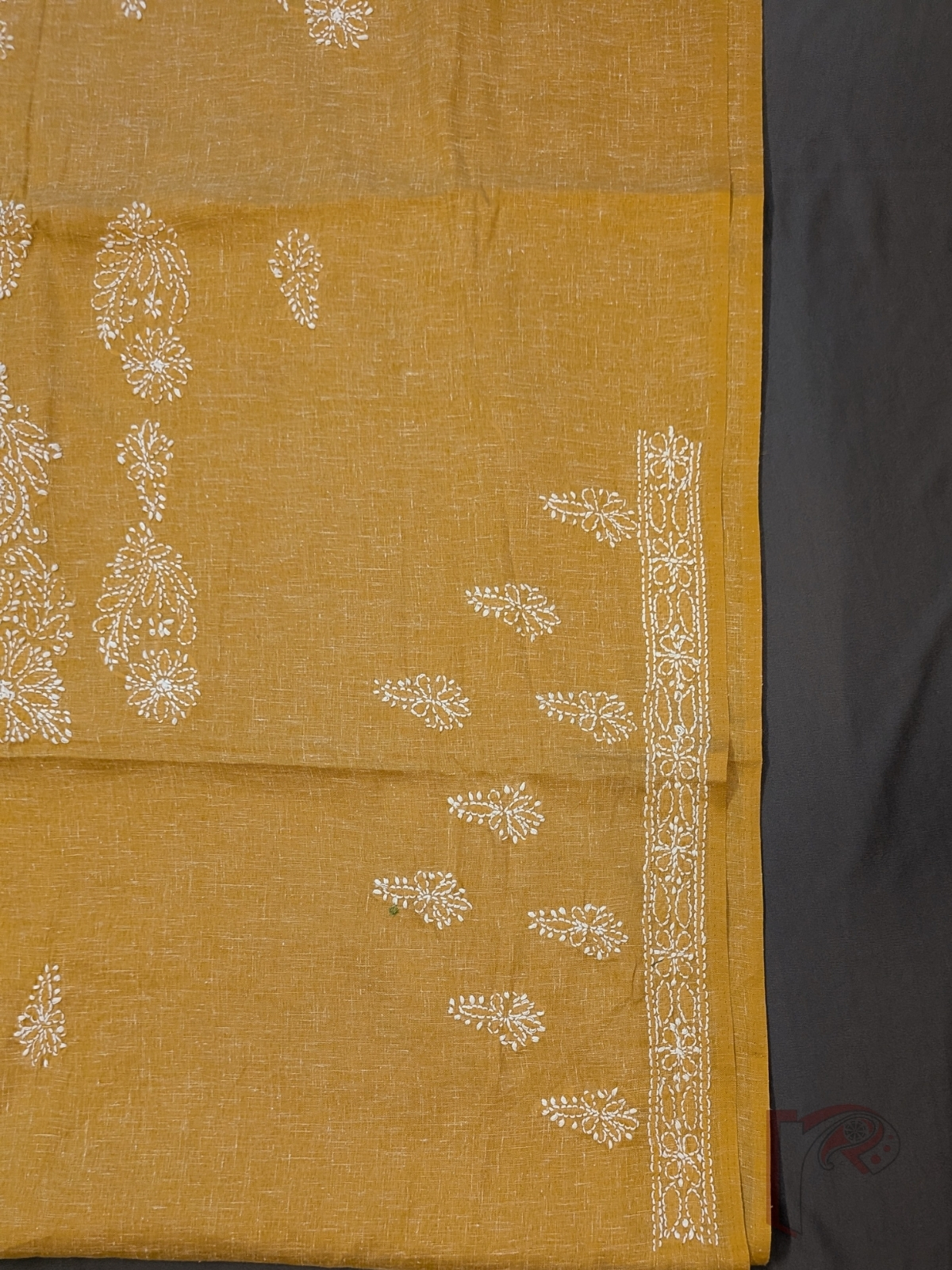 Suit Stories – Mustard Yellow Khadi Cotton Lucknowi Chikankari Unstitched Suit with White Floral and Leaf Embroidery and Chiffon Dupatta - Image 7