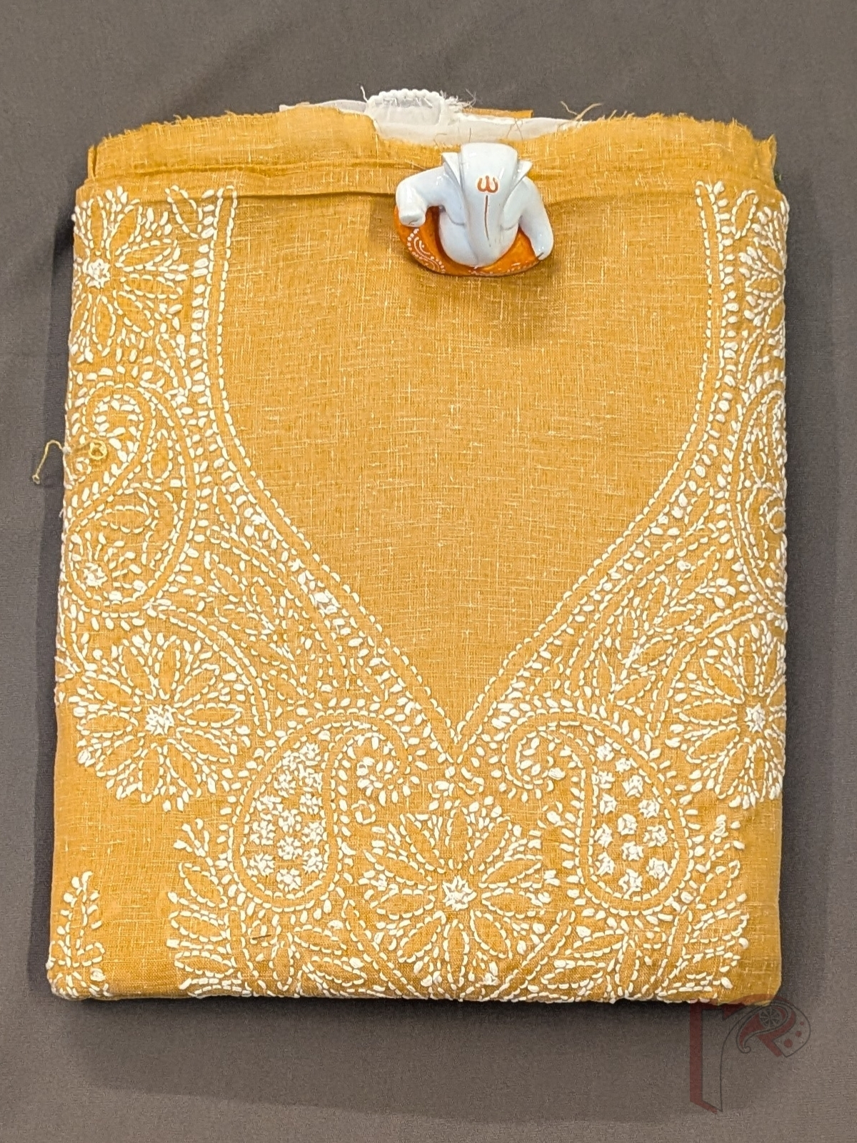 Suit Stories – Mustard Yellow Khadi Cotton Lucknowi Chikankari Unstitched Suit with White Floral and Leaf Embroidery and Chiffon Dupatta - Image 8