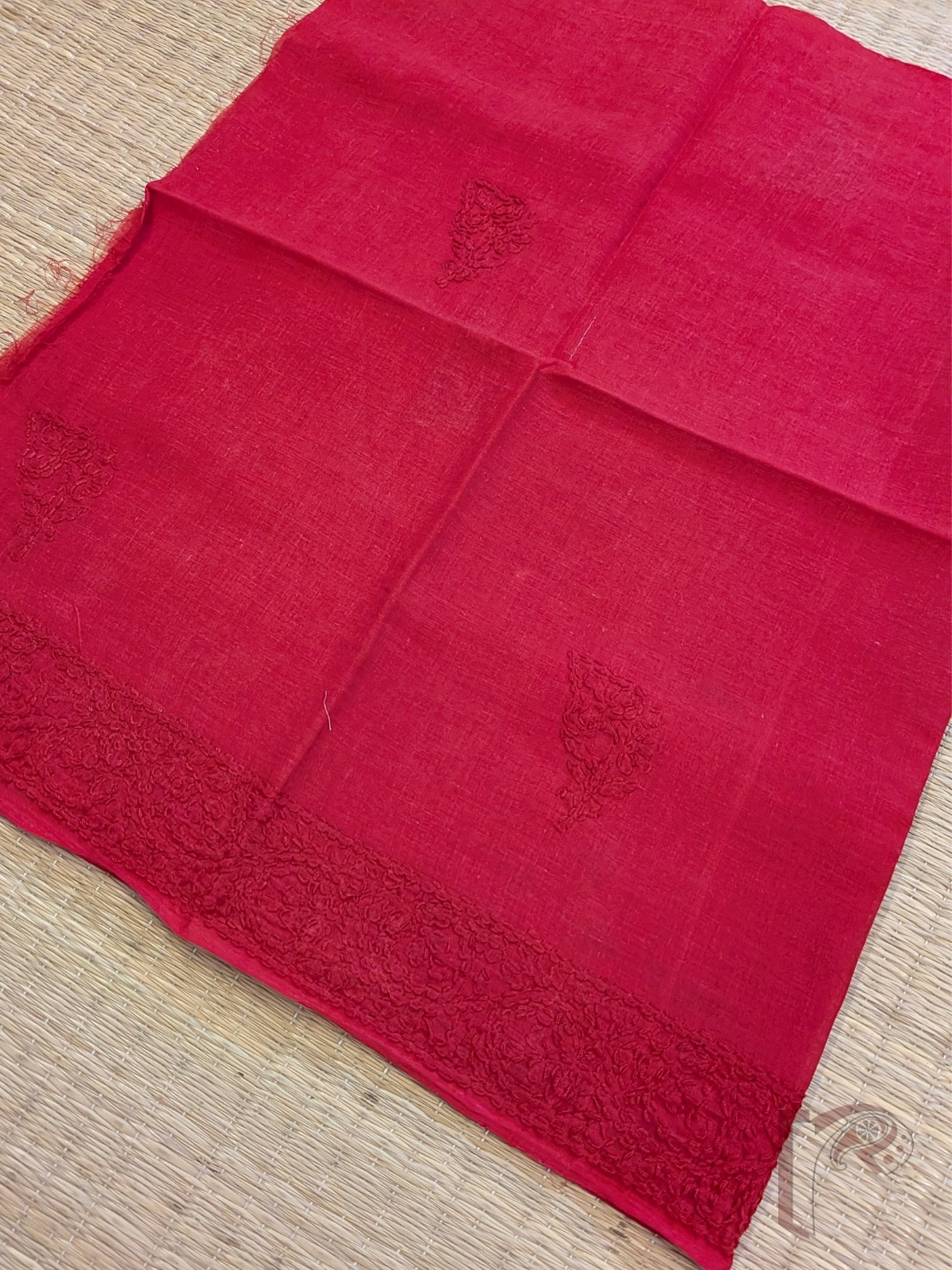 Red Pure Cotton Lucknowi Chikankari Blouse Piece with Self Red Thread Embroidery - Image 3