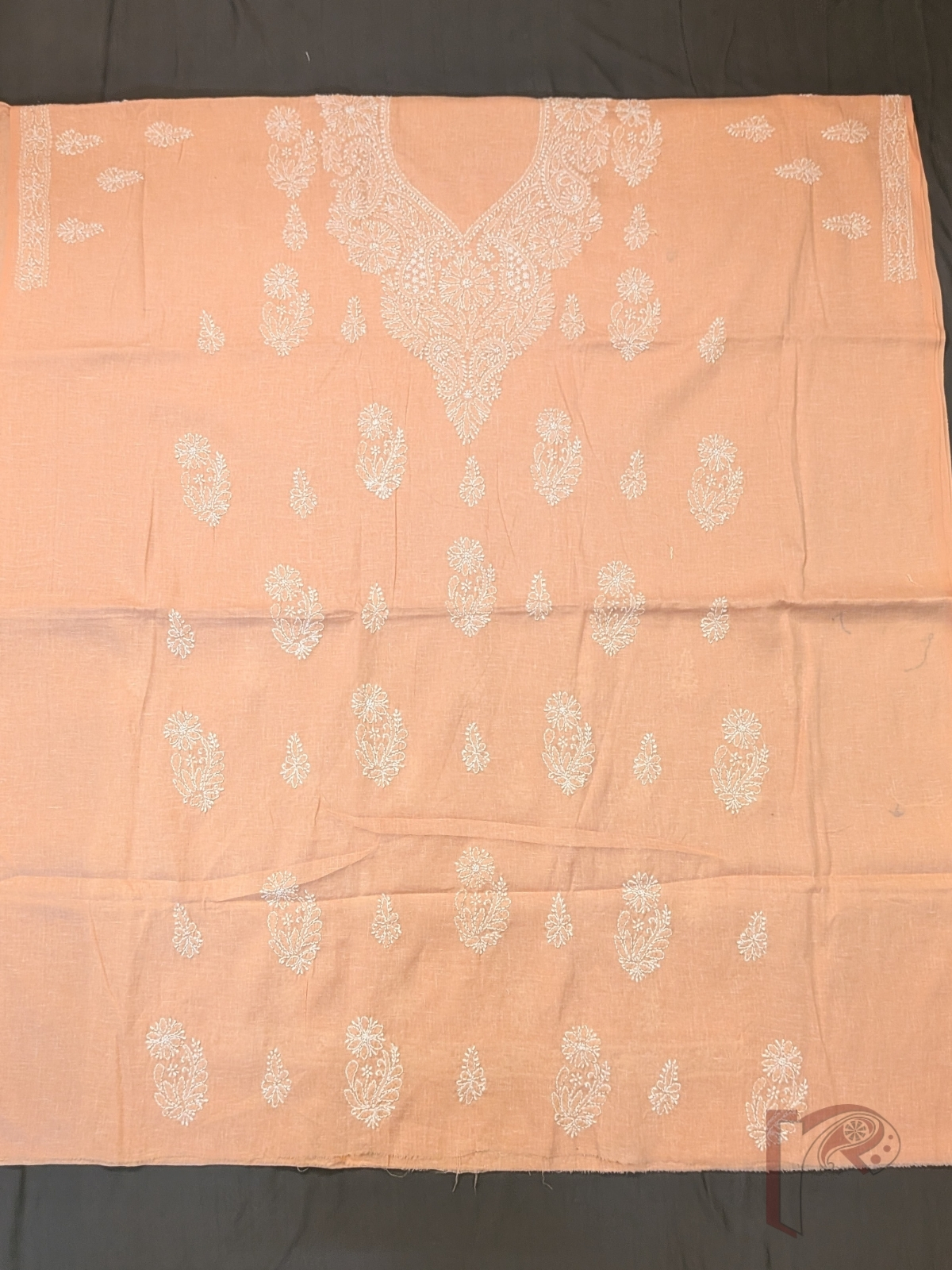 Suit Stories – Light Pastel Orange Khadi Cotton Lucknowi Chikankari Unstitched Suit with White Floral Embroidery and Chiffon Dupatta - Image 3