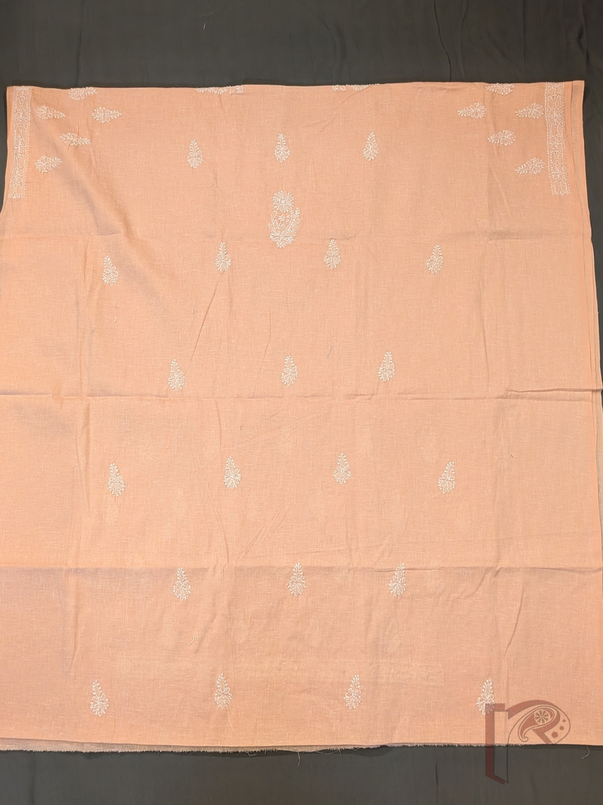 Suit Stories – Light Pastel Orange Khadi Cotton Lucknowi Chikankari Unstitched Suit with White Floral Embroidery and Chiffon Dupatta - Image 4